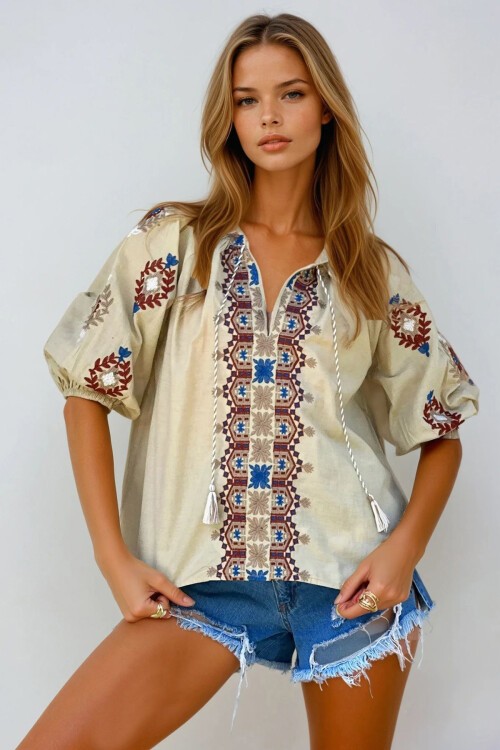 Koyu Bej V Yaka Püskül Ve Nakış İşlemeli Karpuz Kol Dokuma Bluz