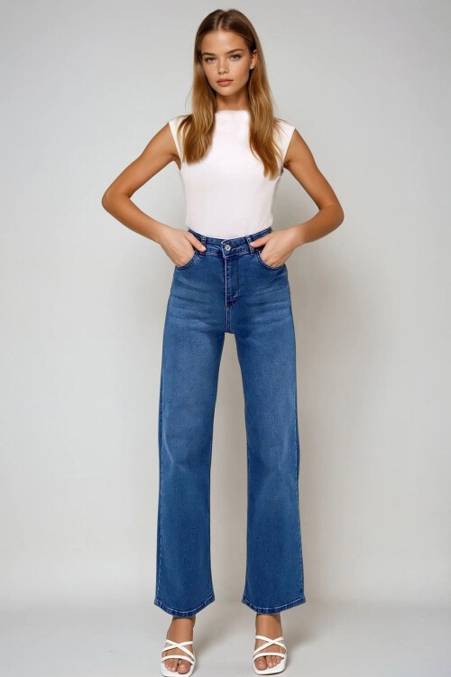 Koyu Mavi Yüksek Bel Yıkamalı Wide Leg Jean Pantolon