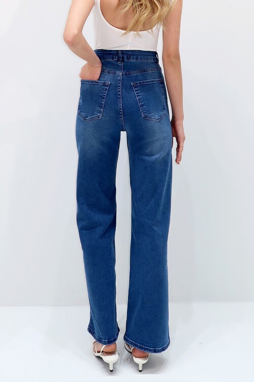 Koyu Mavi Yüksek Bel Yıkamalı Wide Leg Jean Pantolon