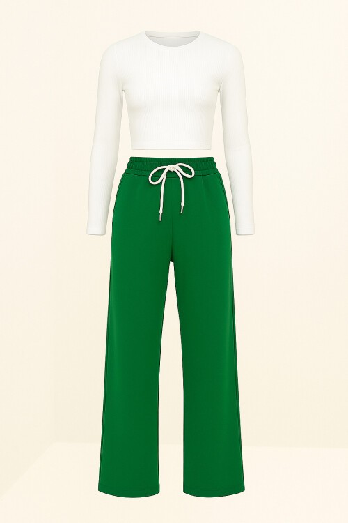 Koyu Yeşil Yüksek Bel Önü Çimalı Bol Paça Çift Cepli Eşofman Altı