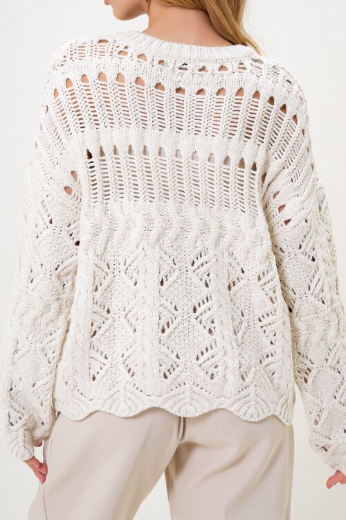 Krem Bisiklet Yaka Ajurlı Triko Kalın Kazak