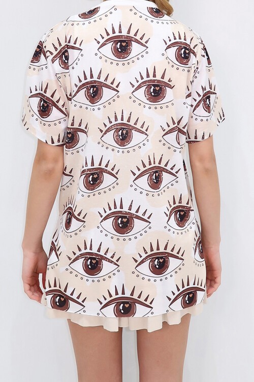 Krem Bisiklet Yaka Dijital Baskılı Yanı Yırtmaçlı T Shirt