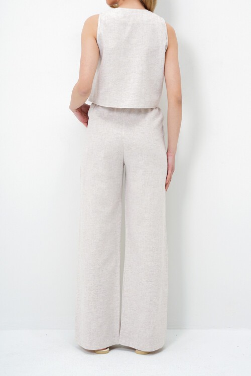 Krem Yelek Ve Pantolon Keten Takım