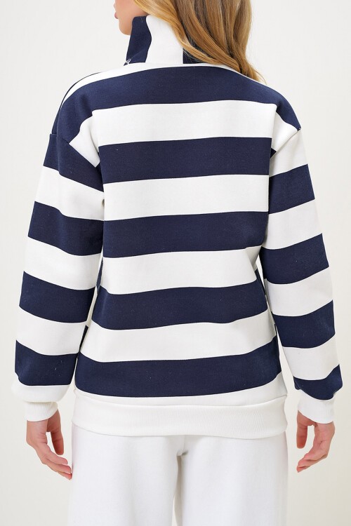 Lacivert Balıkçı Yaka Önü Fermuarlı Çizgili Üç İplik İçi Şardonlu Kışlık Sweatshırt