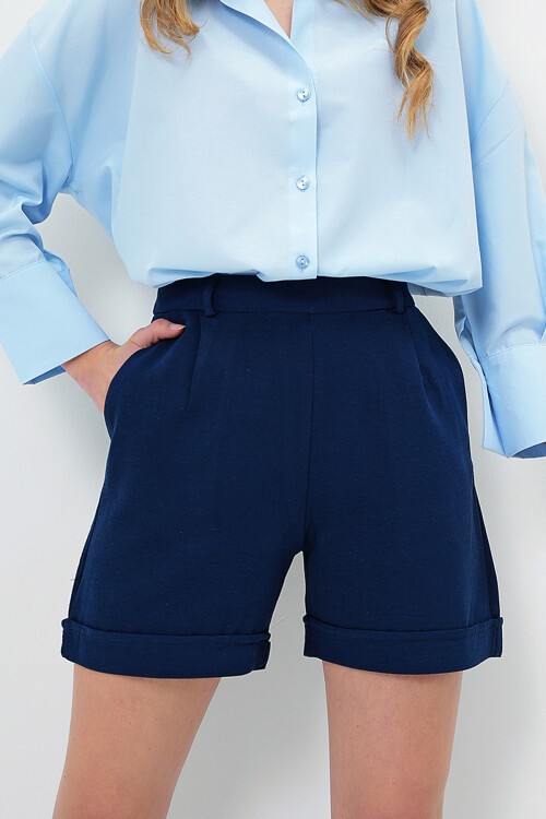 Lacivert Çift Cepli Duble Paça Gizli Fermuarlı Keten Şort