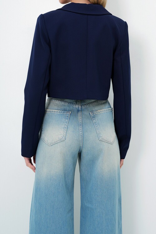 Lacivert Düğmeli Crop Ceket