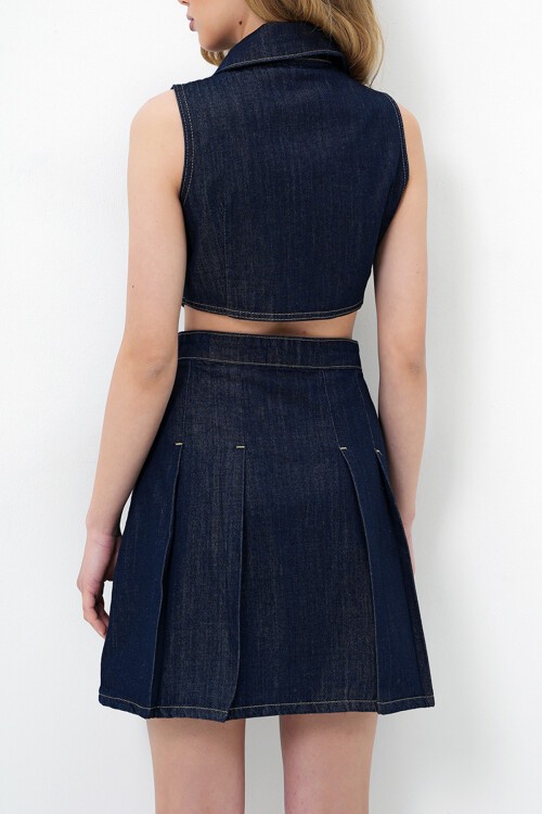 Lacivert Gömlek Yaka Sıfır Kol Cut Out Jean Elbise