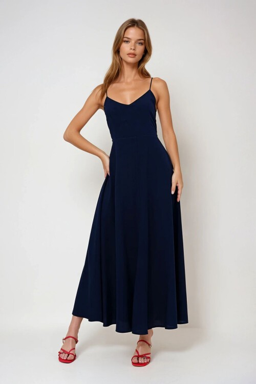 Lacivert İp Askılı Sırtı Bağlama Detaylı Maxi Boy Yazlık Elbise