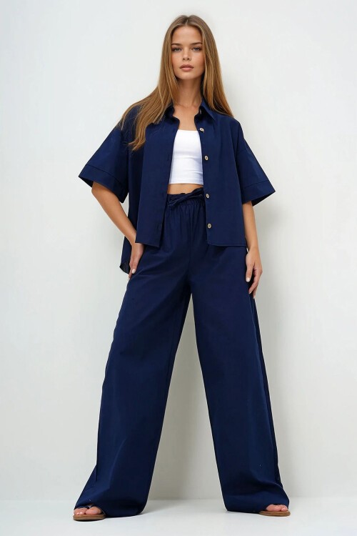 Lacivert Keten Gömlek Ve Palazzo Pantolon Takım