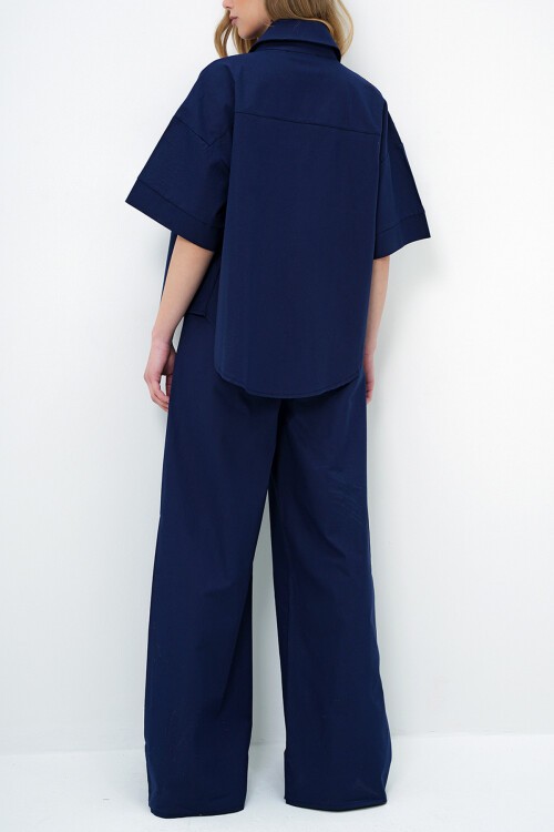 Lacivert Keten Gömlek Ve Palazzo Pantolon Takım