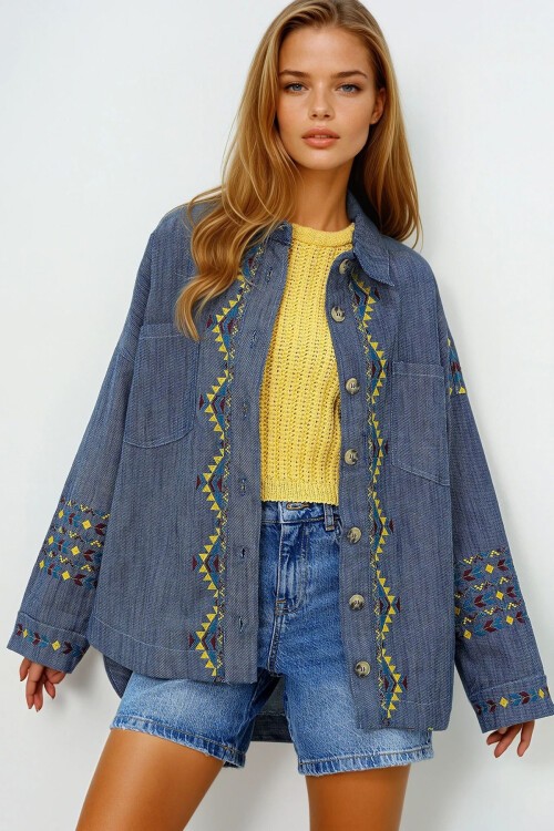 Lacivert Nakış İşlemeli Gabardin Oversize Gömlek Ceket