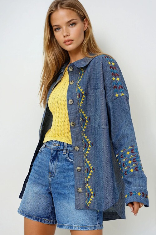 Lacivert Nakış İşlemeli Gabardin Oversize Gömlek Ceket