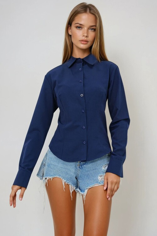 Lacivert Önü Ve Arkası Pensli Belden Oturtmalı Poplin Gömlek