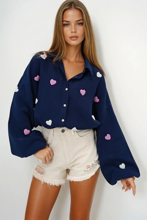 Lacivert Süzene Kalp İşlemeli Oversize Müslin Keten Gömlek