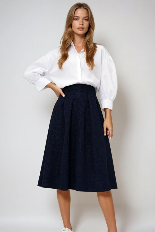 Lacivert Yüksek Bel Geniş Kemerli Gizli Fermuarlı Midi Boy Dokulu Etek