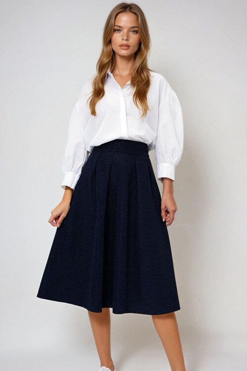 Lacivert Yüksek Bel Geniş Kemerli Gizli Fermuarlı Midi Boy Dokulu Etek