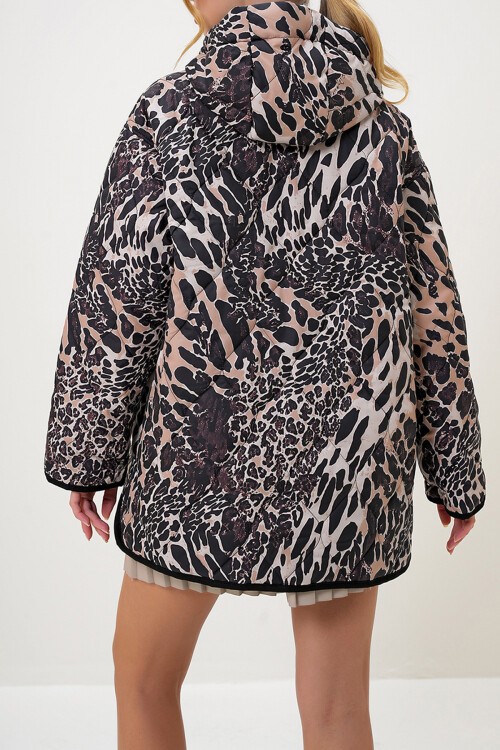 Leopar Leopar Desenli Kapüşonlu Çift Cepli Oversize Mont