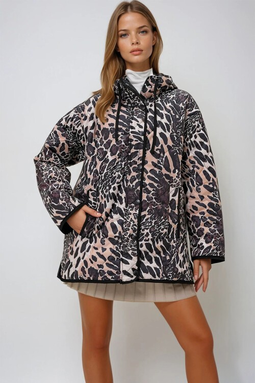Leopar Leopar Desenli Kapüşonlu Çift Cepli Oversize Mont