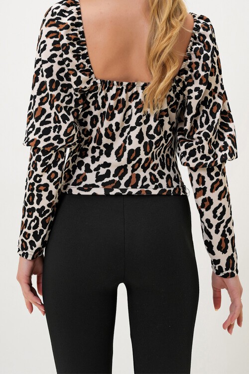 Leopar Öpücük Yaka Balon Kol Önü Büzgülü Balenli Crop Bluz