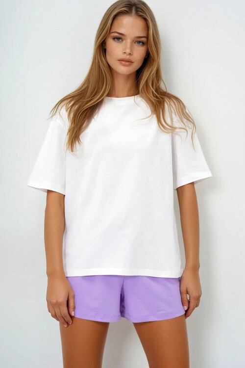 Lila Pamuklu Basic T Shırt Ve Bağlamalı Şortlu Penye Alt Üst Takım