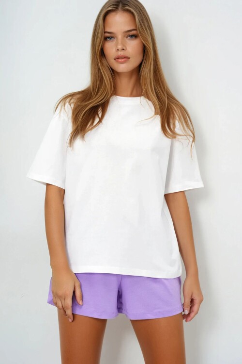 Lila Pamuklu Basic T Shırt Ve Bağlamalı Şortlu Penye Alt Üst Takım