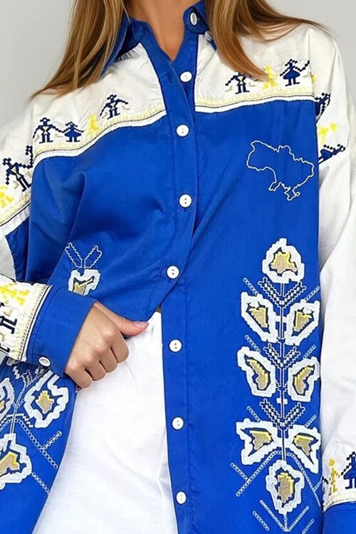 Mavi Nakışlı Poplin Oversize Gömlek