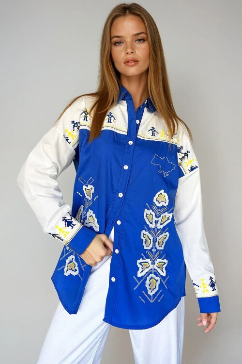 Mavi Nakışlı Poplin Oversize Gömlek