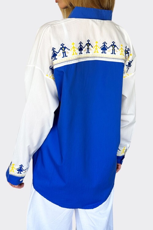 Mavi Nakışlı Poplin Oversize Gömlek