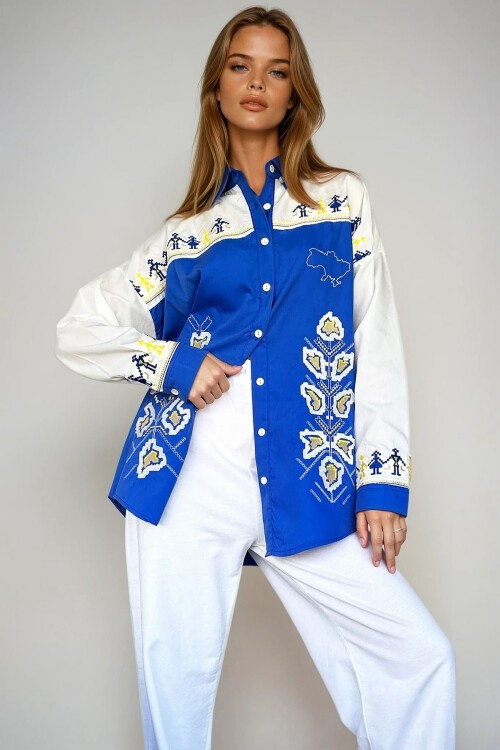 Mavi Nakışlı Poplin Oversize Gömlek