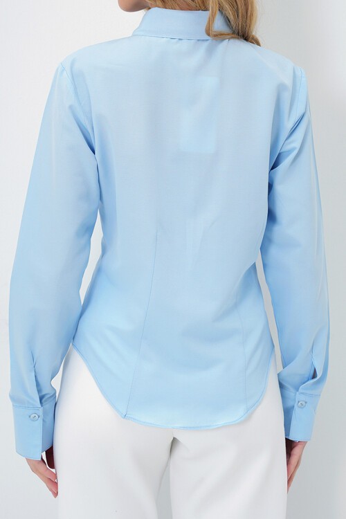 Mavi Önü Ve Arkası Pensli Belden Oturtmalı Poplin Gömlek