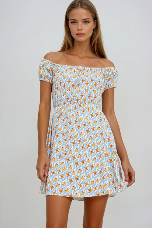 Mavi Turuncu Madonna Yaka Karpuz Kollu Desenli Krinkıl Örme Elbise