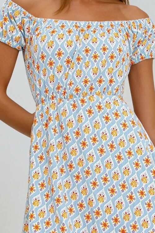 Mavi Turuncu Madonna Yaka Karpuz Kollu Desenli Krinkıl Örme Elbise