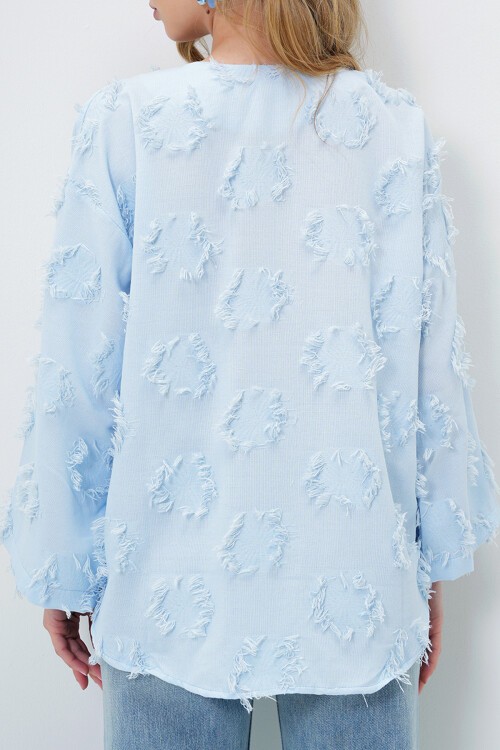 Mavi V Yaka Önü Bağlamalı Püskül Detaylı Yazlık Keten Ceket