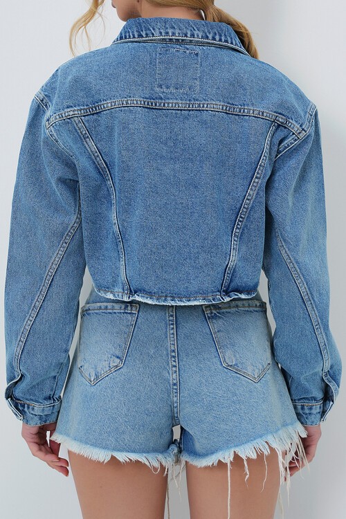 Mavi Yıpratmalı Vintage  Dikiş Detaylı Crop Jean Ceket