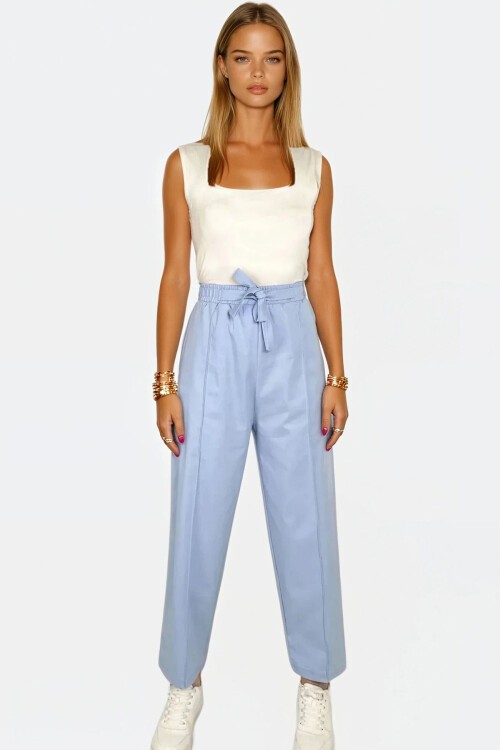 Mavi Yüksek Bel Önü Çimalı Çift Cepli Keten Palazzo Pantolon