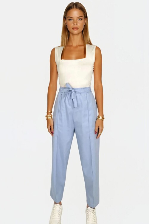 Mavi Yüksek Bel Önü Çimalı Çift Cepli Keten Palazzo Pantolon