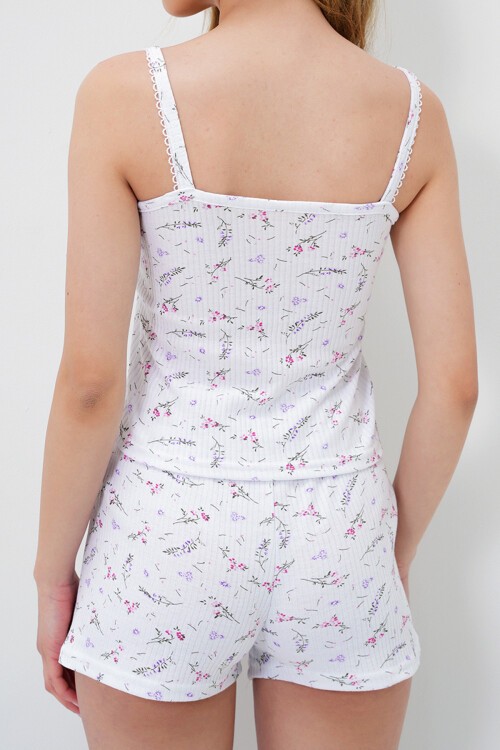 Mikro Çiçek Fuşya Fisto Detaylı Pamuklu Bluz Ve Şortlu Pijama Takımı