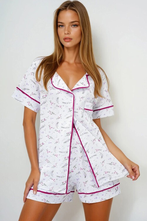 Mikro Çiçek Fuşya Tek Cepli Biye Detaylı Pamuklu Gömlek Ve Şortlu Pijama Takımı