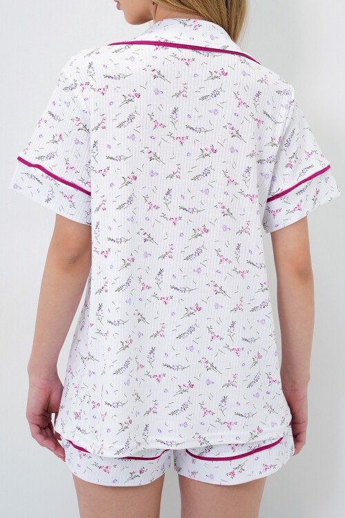 Mikro Çiçek Fuşya Tek Cepli Biye Detaylı Pamuklu Gömlek Ve Şortlu Pijama Takımı