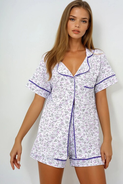 Mikro Çiçek Mor Tek Cepli Biye Detaylı Pamuklu Gömlek Ve Şortlu Pijama Takımı