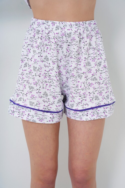 Mikro Çiçek Mor Tek Cepli Biye Detaylı Pamuklu Gömlek Ve Şortlu Pijama Takımı