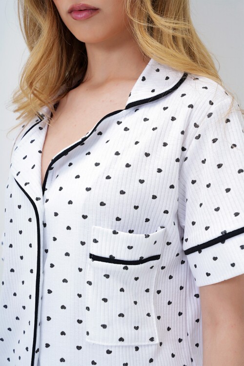 Mini Kalp Siyah Tek Cepli Biye Detaylı Pamuklu Gömlek Ve Şortlu Pijama Takımı