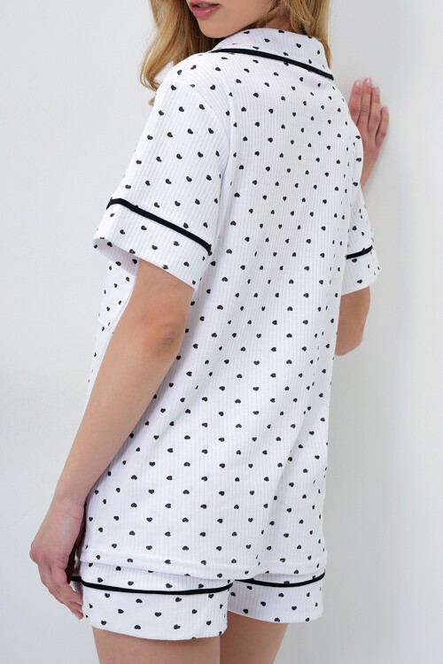 Mini Kalp Siyah Tek Cepli Biye Detaylı Pamuklu Gömlek Ve Şortlu Pijama Takımı