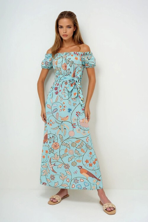 Mint Yeşili Dijital Baskılı Yakası Ve Kolları Fırfırlı Beli Kemerli Yırtmaçlı Elbise