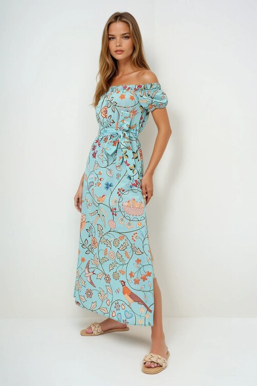 Mint Yeşili Dijital Baskılı Yakası Ve Kolları Fırfırlı Beli Kemerli Yırtmaçlı Elbise