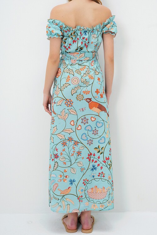 Mint Yeşili Dijital Baskılı Yakası Ve Kolları Fırfırlı Beli Kemerli Yırtmaçlı Elbise