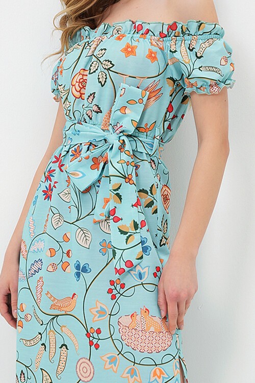 Mint Yeşili Dijital Baskılı Yakası Ve Kolları Fırfırlı Beli Kemerli Yırtmaçlı Elbise