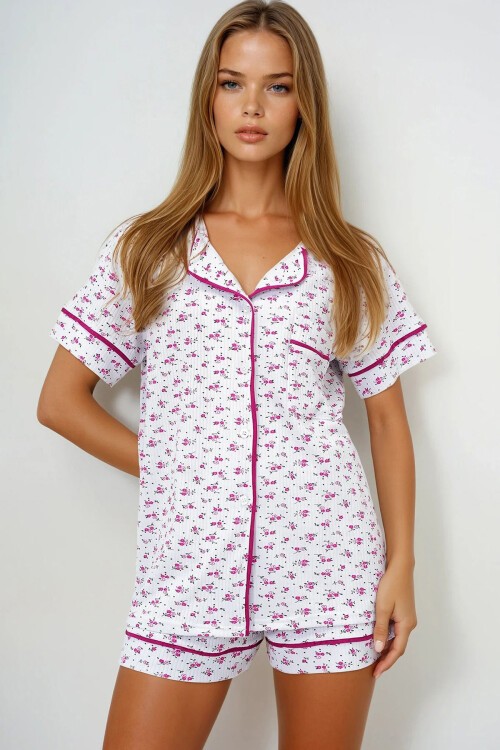Papatya Desen Fuşya Tek Cepli Biye Detaylı Pamuklu Gömlek Ve Şortlu Pijama Takımı