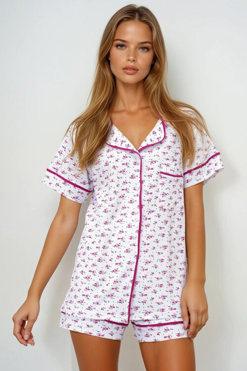 Papatya Desen Fuşya Tek Cepli Biye Detaylı Pamuklu Gömlek Ve Şortlu Pijama Takımı
