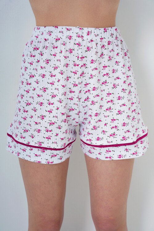 Papatya Desen Fuşya Tek Cepli Biye Detaylı Pamuklu Gömlek Ve Şortlu Pijama Takımı